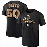 Men's Los Angeles Dodgers #50 Mookie Betts Black 2024 World Series Champions Name & Number T-Shirt,baseball caps,new era cap wholesale,wholesale hats